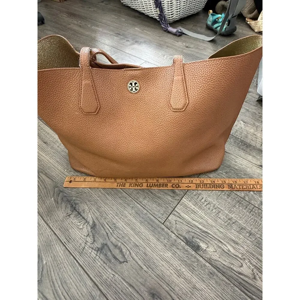 Tory Burch Perry Tote Bag Camel & Brown Pebbled Leather Shoulder Strap